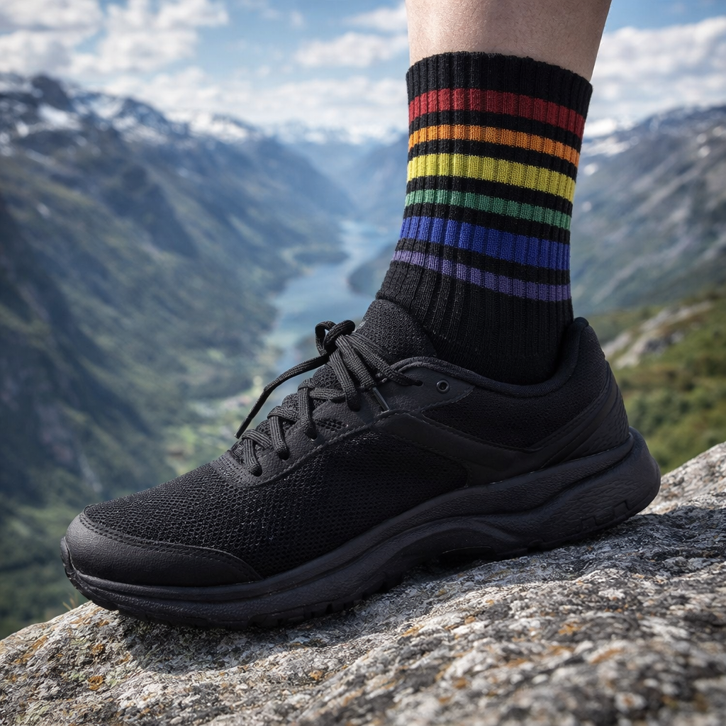 Sorte sokker med tynne Pride-striper