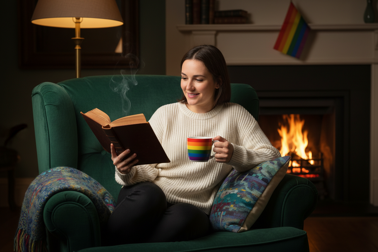 Person som leser bok i stol med Pride-kopp